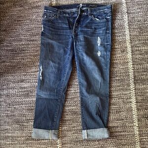 7 For All Mankind Josefina Blue Button Up Cropped Jeans with Distressed Finish